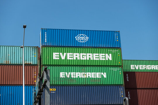 Containers on the port of Manzanillo, Colima, Mexico, November 2, 2023. Evergreen