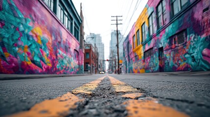 Fototapeta premium Colorful street art adorns buildings in an urban alleyway.