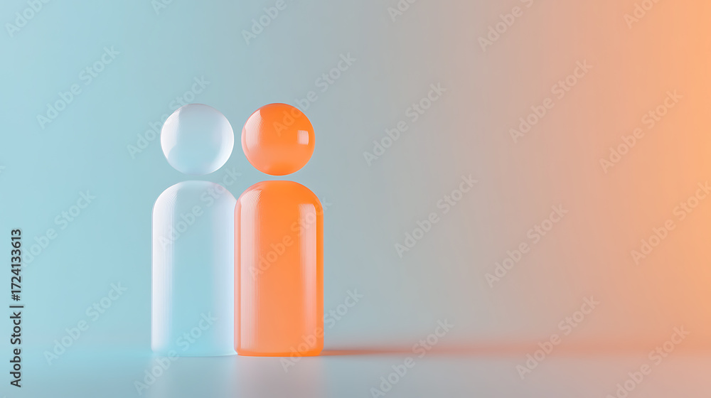 Poster minimalist rendering of two abstract figures, one light blue and one orange, standing side by side a