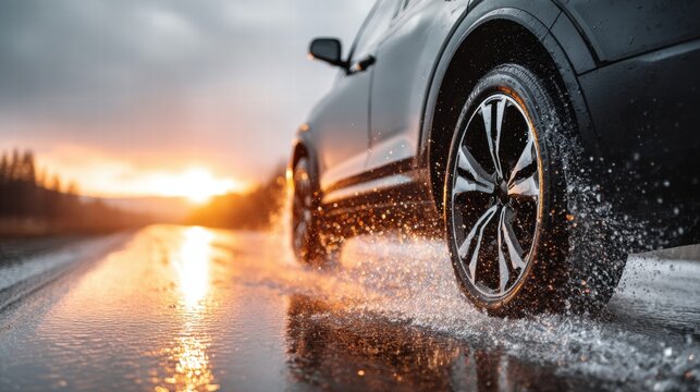 Car driving through water on a wet road at sunset