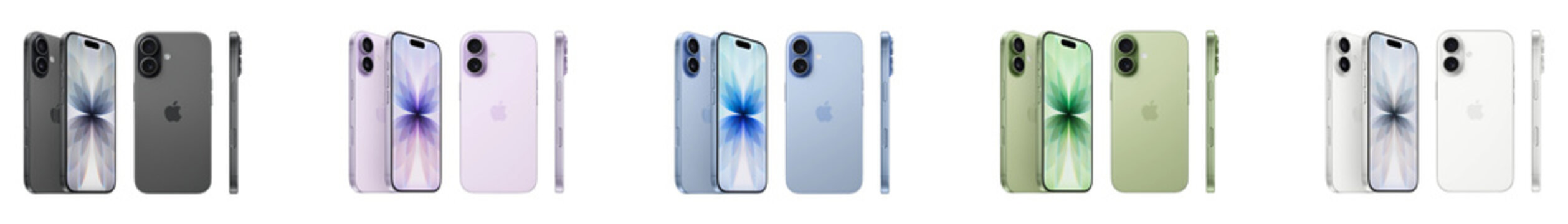 Apple iPhone 17 smartphones in five colors front, side, back view isolated on white background