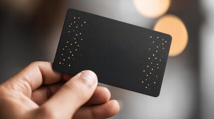 A hand holding a sleek black business card with golden dot patterns.