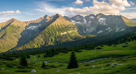 Majestic mountain range landscape view with rolling hills and blue sky