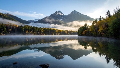 Calm lake reflecting autumn mountains