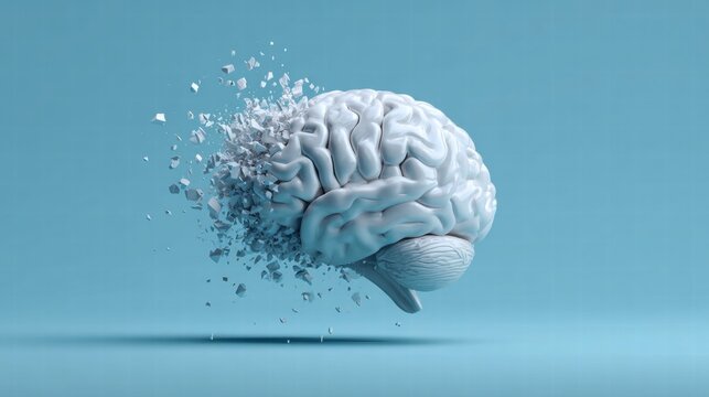 Brain exploding into pieces on a light blue background