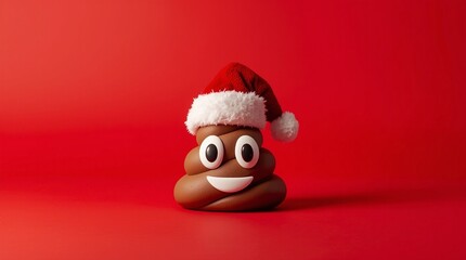 Christmas poop emoji toy with Santa hat on red background, funny holiday decoration, playful festive symbol, quirky New Year gift concept, humorous winter celebration and Xmas party design
