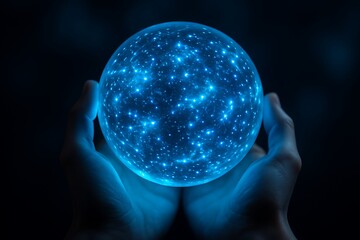 Glowing crystal blue sphere with shining stars representing galaxy universe cosmos science exploration future technology imagination artificial intelligence creativity
