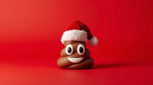 Christmas poop emoji toy with Santa hat on red background, funny holiday decoration, playful festive symbol, quirky New Year gift concept, humorous winter celebration and Xmas party design