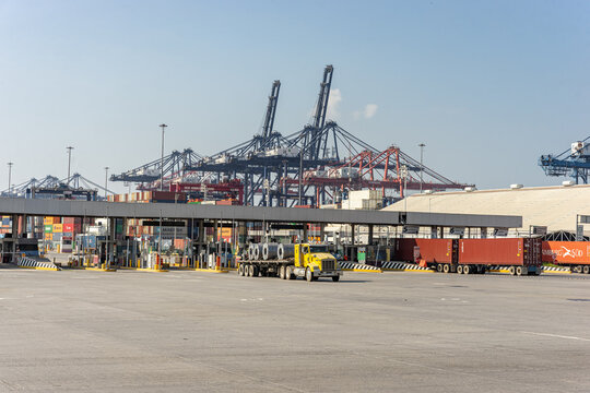 port of manzanillo, entrance to the port of manzanillo, trucks waiting to be loaded. Manzanillo, Colima, Mexico, March 29, 2024.