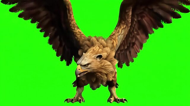 Fierce mythological griffin creature against green screen backdrop