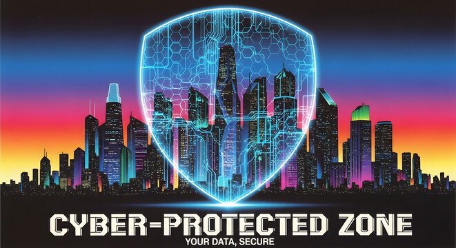 Cyber security shield protecting skyline, a modern digital city protected from threats, data encryption and network safety concept, futuristic technology