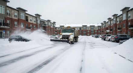 Snow plow truck clearing a parking lot outside an apartment building, illustrating winter road maintenance and cold weather service.