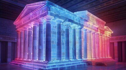 Obraz premium A vibrant digital rendering showcases a classical building illuminated with neon lights, blending ancient architecture with modern digital art