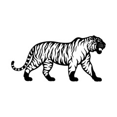 Unique Tiger Silhouette Vector Logo Designs  Black on White with Dynamic Poses, Stripes, Roaring, Walk, Head, Leaping, and Powerful Artistic Illustrations for Premium Icon Graphic Design