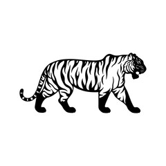 Fototapeta premium Unique Tiger Silhouette Vector Logo Designs Black on White with Dynamic Poses, Stripes, Roaring, Walk, Head, Leaping, and Powerful Artistic Illustrations for Premium Icon Graphic Design