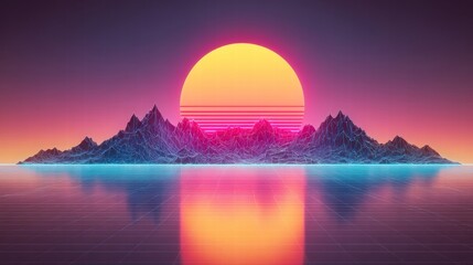 Obraz premium Retro sunset over mountains reflecting on a grid, a vibrant digital landscape.