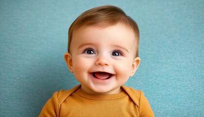 Fototapeta premium Adorable Baby with Cheerful Smile on Soft Blue Background, Perfect for Stock Photography Use