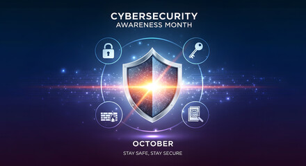 October Cybersecurity Awareness Month: Stay safe and secure with digital protection, featuring lock, key, firewall and security icons.