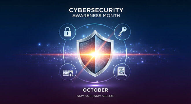 October Cybersecurity Awareness Month: Stay safe and secure with digital protection, featuring lock, key, firewall and security icons.
