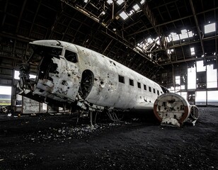 Abandoned plane in a dark hangar