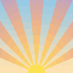 A bright sunburst with yellow and orange rays radiating outwards from the bottom, creating a captivating vintage comic book style design with a beautiful sky.