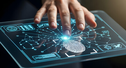 Futuristic fingerprint scan unlocking secure access on transparent tablet, digital identity technology, secure biometric authentication, modern verification process