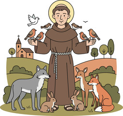 A peaceful image of Saint Francis of Assisi, the patron saint of animals, surrounded by a variety of woodland creatures including birds, rabbits, a wolf, and deer in a natural landscape.