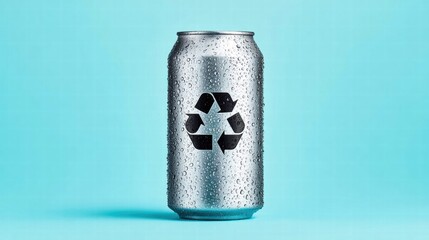 Recycled aluminum can with water droplets on a blue background.