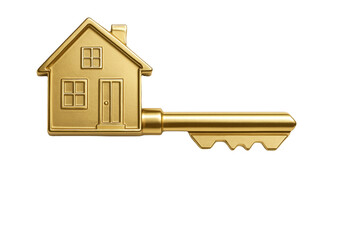 A shiny golden key with a detailed house ornament attached, representing real estate.