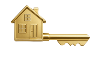 A shiny golden key with a detailed house ornament attached, representing real estate.