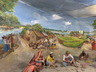 Painting the old customs and lifestyle of rural villages. Asian Village near a river. Village view, Village struggle