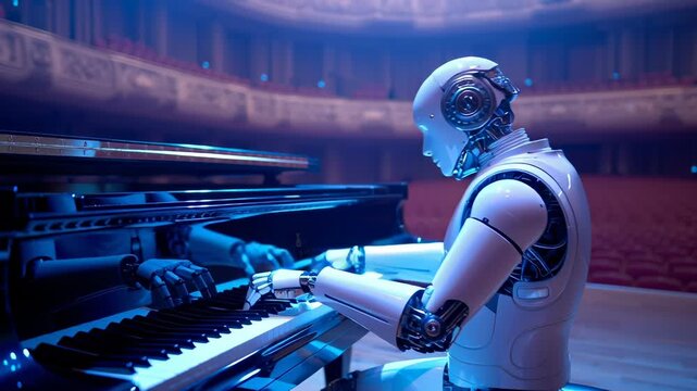 Sleek white humanoid robot positioned precisely at grand piano keyboard, mechanical hands poised on keys within empty concert hall illuminated by soft blue ambient lighting.