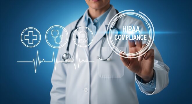 Doctor touching a glowing medical compliance icon on a futuristic digital interface