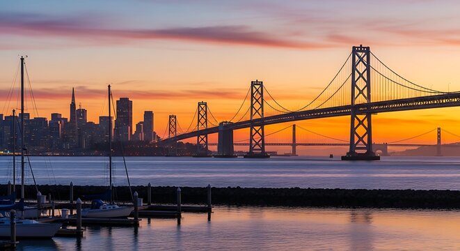San Francisco's Bay Bridge and Cityscape during Dramatic Sunset Scenery