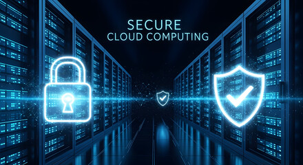 Secure cloud computing with padlock and shield icons for cybersecurity solutions for modern servers and data protection systems with network infrastructure