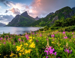 Coastal wildflowers at sunset. Lush flora with vibrant yellow and pink blossoms, cascading down to a tranquil bay.  Mountains rise behind the scene, bathed in a warm, dusky light