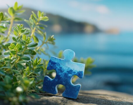 Puzzle piece on a rock by the ocean