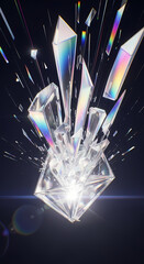 Wallpaper with exploding crystal shards with rainbow light effects against a dark background