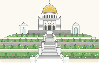 An intricate white and gold temple stands atop a terraced hill with perfectly manicured gardens, stairs leading to the grand structure. Peaceful and spiritual place.