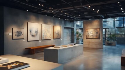 Modern art gallery interior with concrete walls and wooden bench - Powered by Adobe
