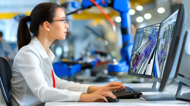 Advanced Manufacturing Design European Industrial Engineer Develops Robotic Assembly Sequences on Triple Monitor CAD Workstation. Using 3D Modeling Software She Creates Automated
