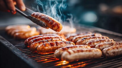 Sizzling sausages being grilled on a barbecue, ready to be served for a delicious meal.