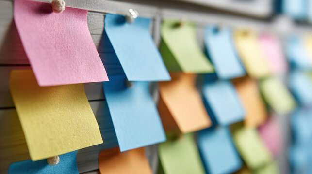 Colorful sticky notes arranged on a wall create an organized display of reminders and tasks that inspire productivity and creativity in a bright workspace setting.