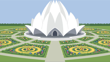 Stylized illustration of the beautiful Lotus Temple in New Delhi, India, a modern Baha'i House of Worship with stunning architecture