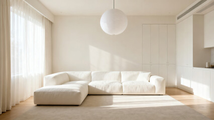 Fototapeta premium Modern Minimalist White Sofa Living Room with Natural Accents