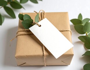 Gift box with blank tag, green leaves