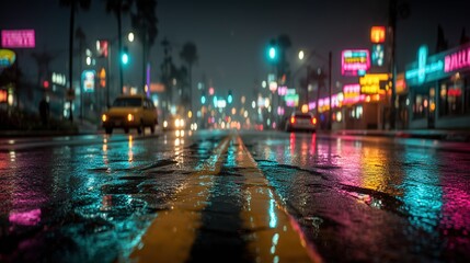Obraz premium Rainy urban street at night with neon lights reflecting on wet road.