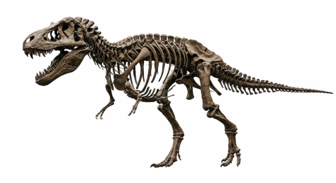 skeleton of a Tyrannosaurus rex isolated on a clean white background, dinosaur, skeleton, fossil, bones, extinct, paleontology