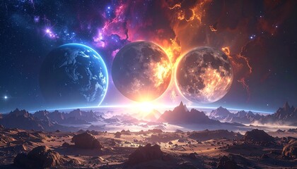 Colorful alien planets rise over a desert landscape