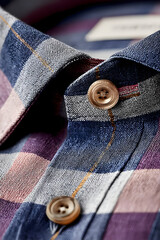 Close-up of a blue and white flannel shirt collar with button-down details, showcasing textured fabric, stitching, and casual style.  
